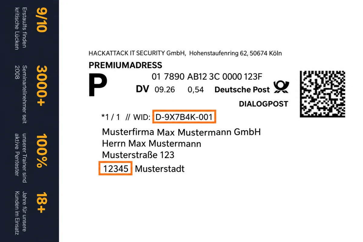 Muster eines Adressaufklebers: Die Werbe-ID steht in der Zeile über dem Namen (im Beispiel D-9X7B4K-001), die Postleitzahl vor dem Ort (im Beispiel 12345).